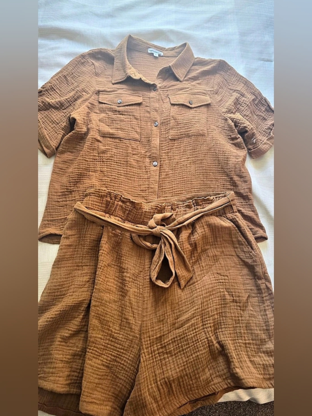 Brown Button-Down Shirt & Shorts Set - New